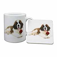 St. Bernard Dod with Red Rose Mug and Coaster Set