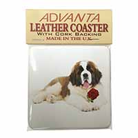St. Bernard Dod with Red Rose Single Leather Photo Coaster