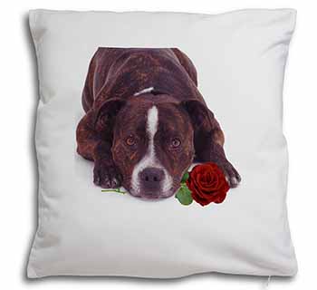 Brindle Staffie with Rose Soft White Velvet Feel Scatter Cushion