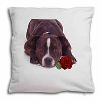 Brindle Staffie with Rose Soft White Velvet Feel Scatter Cushion