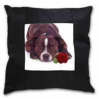Brindle Staffie with Rose Black Satin Feel Scatter Cushion