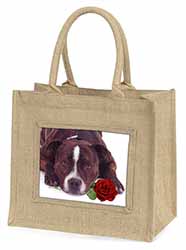 Brindle Staffie with Rose Natural/Beige Jute Large Shopping Bag