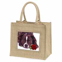 Brindle Staffie with Rose Natural/Beige Jute Large Shopping Bag