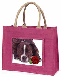 Brindle Staffie with Rose Large Pink Jute Shopping Bag