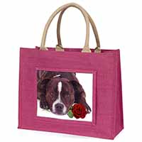 Brindle Staffie with Rose Large Pink Jute Shopping Bag