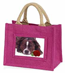 Brindle Staffie with Rose Little Girls Small Pink Jute Shopping Bag