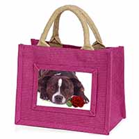 Brindle Staffie with Rose Little Girls Small Pink Jute Shopping Bag