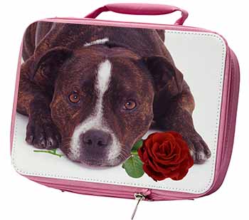 Brindle Staffie with Rose Insulated Pink School Lunch Box/Picnic Bag