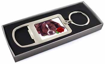 Brindle Staffie with Rose Chrome Metal Bottle Opener Keyring in Box