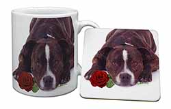 Brindle Staffie with Rose Mug and Coaster Set