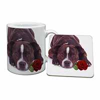 Brindle Staffie with Rose Mug and Coaster Set