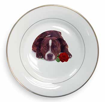 Brindle Staffie with Rose Gold Rim Plate Printed Full Colour in Gift Box