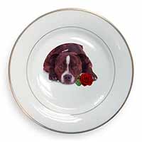 Brindle Staffie with Rose Gold Rim Plate Printed Full Colour in Gift Box