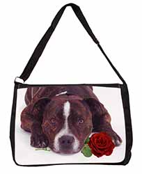 Brindle Staffie with Rose Large Black Laptop Shoulder Bag School/College