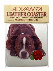 Brindle Staffie with Rose Single Leather Photo Coaster