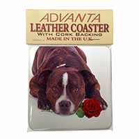 Brindle Staffie with Rose Single Leather Photo Coaster