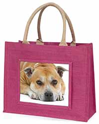 Red Staffordshire Bull Terrier Dog Large Pink Jute Shopping Bag