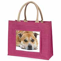 Red Staffordshire Bull Terrier Dog Large Pink Jute Shopping Bag