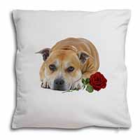 Red Staffie with Rose Soft White Velvet Feel Scatter Cushion