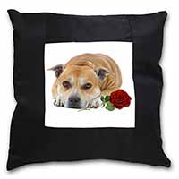 Red Staffie with Rose Black Satin Feel Scatter Cushion