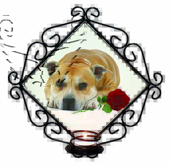 Red Staffie with Rose Wrought Iron Wall Art Candle Holder