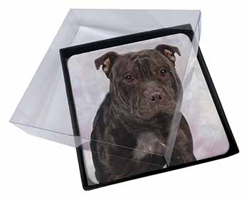 4x Staffordshire Bull Terrier Picture Table Coasters Set in Gift Box