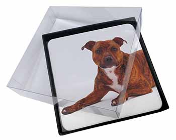4x Staffordshire Bull Terrier Dog Picture Table Coasters Set in Gift Box