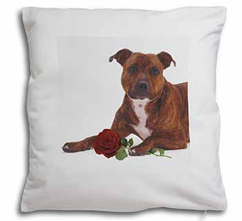 Staffie with Red Rose Soft White Velvet Feel Scatter Cushion