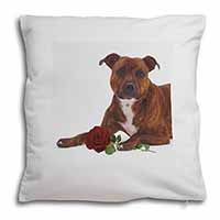 Staffie with Red Rose Soft White Velvet Feel Scatter Cushion