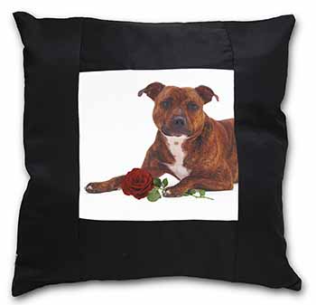 Staffie with Red Rose Black Satin Feel Scatter Cushion
