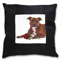 Staffie with Red Rose Black Satin Feel Scatter Cushion