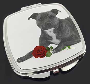 Staff Bull Terrier Dog (B+W) with Red Rose Make-Up Compact Mirror