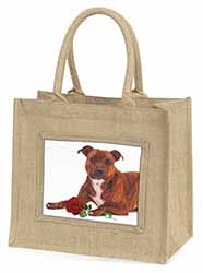 Staffie with Red Rose Natural/Beige Jute Large Shopping Bag