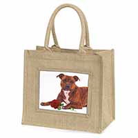 Staffie with Red Rose Natural/Beige Jute Large Shopping Bag