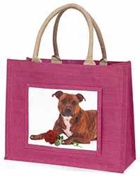 Staffie with Red Rose Large Pink Jute Shopping Bag