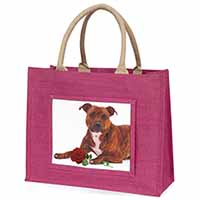 Staffie with Red Rose Large Pink Jute Shopping Bag