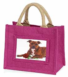Staffie with Red Rose Little Girls Small Pink Jute Shopping Bag