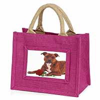 Staffie with Red Rose Little Girls Small Pink Jute Shopping Bag