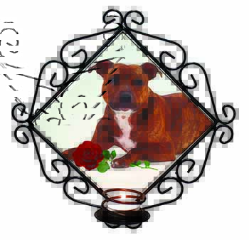 Staffie with Red Rose Wrought Iron Wall Art Candle Holder