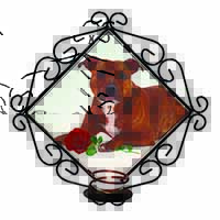 Staffie with Red Rose Wrought Iron Wall Art Candle Holder