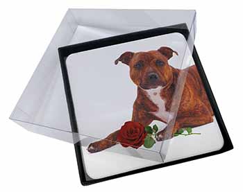 4x Staffie with Red Rose Picture Table Coasters Set in Gift Box