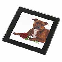 Staffie with Red Rose Black Rim High Quality Glass Coaster