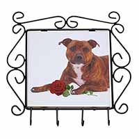 Staffie with Red Rose Wrought Iron Key Holder Hooks