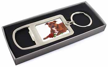 Staffie with Red Rose Chrome Metal Bottle Opener Keyring in Box