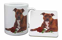 Staffie with Red Rose Mug and Coaster Set