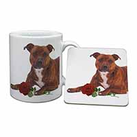 Staffie with Red Rose Mug and Coaster Set