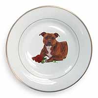 Staffie with Red Rose Gold Rim Plate Printed Full Colour in Gift Box