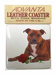 Staffie with Red Rose Single Leather Photo Coaster