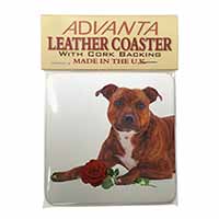 Staffie with Red Rose Single Leather Photo Coaster