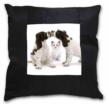 Cocker Spaniel and Kitten -Love Black Satin Feel Scatter Cushion